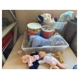 Collection of Vintage Toys including Playskool Bricks, Dolls, and Fisher Price Clock