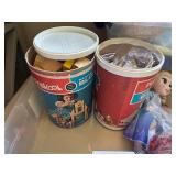 Collection of Vintage Toys including Playskool Bricks, Dolls, and Fisher Price Clock