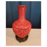 Vintage Red Vase with Wooden Stand and 2 Porcelain Trays