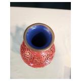 Vintage Red Vase with Wooden Stand and 2 Porcelain Trays