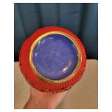 Vintage Red Vase with Wooden Stand and 2 Porcelain Trays