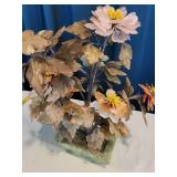 Floral Bonsai Sculpture with Semi-Precious Stone Flowers On Jade Base