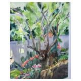 Framed Watercolor Painting of Tree and Flowers by Lee Mims