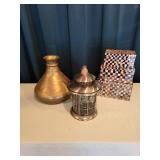 Decorative Set with Brass Vase, Mosaic Boxes, and Lantern