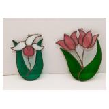 Two Stained Glass Window Hangings – Tulips & Lady Slipper