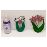 Two Stained Glass Window Hangings – Tulips & Lady Slipper
