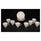 White Cups and Saucers Set with Gray Edging – 14 Pieces