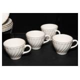 White Cups and Saucers Set with Gray Edging – 14 Pieces