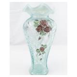 FENTON 11" French Opalescent Hand Painted Rose Trellis Ruffle Vase
