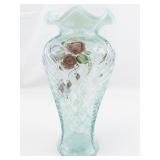FENTON 11" French Opalescent Hand Painted Rose Trellis Ruffle Vase