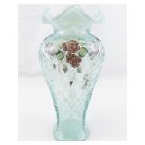 FENTON 11" French Opalescent Hand Painted Rose Trellis Ruffle Vase