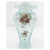 FENTON 11" French Opalescent Hand Painted Rose Trellis Ruffle Vase