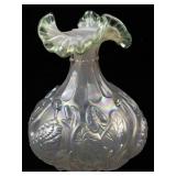 1997 FENTON 8" Champagne Satin Iridized Waterlily Swan Sea Mist Green Ruffle Rimmed Vase.