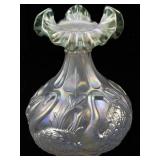 1997 FENTON 8" Champagne Satin Iridized Waterlily Swan Sea Mist Green Ruffle Rimmed Vase.