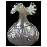 1997 FENTON 8" Champagne Satin Iridized Waterlily Swan Sea Mist Green Ruffle Rimmed Vase.