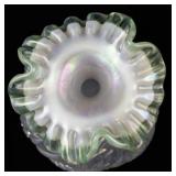 1997 FENTON 8" Champagne Satin Iridized Waterlily Swan Sea Mist Green Ruffle Rimmed Vase.