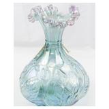 FENTON 9" Iridescent Waterlily Swan Champagne Ruffle Rimmed vase.
