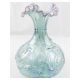 FENTON 9" Iridescent Waterlily Swan Champagne Ruffle Rimmed vase.