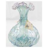 FENTON 9" Iridescent Waterlily Swan Champagne Ruffle Rimmed vase.