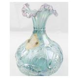 FENTON 9" Iridescent Waterlily Swan Champagne Ruffle Rimmed vase.