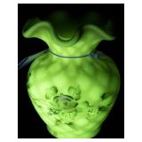 FENTON Rose Burmese Satin Diamond Optic Hand painted Roses Mini Vase.