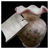 FENTON Rose Burmese Satin Diamond Optic Hand painted Roses Mini Vase.
