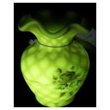 FENTON Rose Burmese Satin Diamond Optic Hand painted Roses Mini Vase.