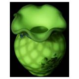 FENTON Rose Burmese Satin Diamond Optic Hand painted Roses Mini Vase.