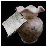 FENTON Rose Burmese Satin Diamond Optic Hand painted Roses Mini Vase.