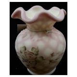 FENTON Rose Burmese Satin Diamond Optic Hand painted Roses Mini Vase.