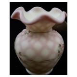 FENTON Rose Burmese Satin Diamond Optic Hand painted Roses Mini Vase.