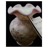 FENTON Rose Burmese Satin Diamond Optic Hand painted Roses Mini Vase.