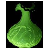 FENTON 8" Green Opalescent Iridescent Uranium Waterlily Swan Black Rimmed Ruffle Vase.