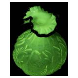 FENTON 8" Green Opalescent Iridescent Uranium Waterlily Swan Black Rimmed Ruffle Vase.
