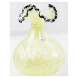 FENTON 8" Green Opalescent Iridescent Uranium Waterlily Swan Black Rimmed Ruffle Vase.