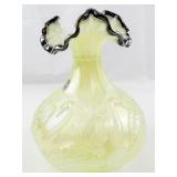 FENTON 8" Green Opalescent Iridescent Uranium Waterlily Swan Black Rimmed Ruffle Vase.