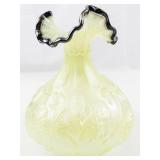 FENTON 8" Green Opalescent Iridescent Uranium Waterlily Swan Black Rimmed Ruffle Vase.