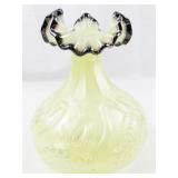 FENTON 8" Green Opalescent Iridescent Uranium Waterlily Swan Black Rimmed Ruffle Vase.
