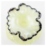FENTON 8" Green Opalescent Iridescent Uranium Waterlily Swan Black Rimmed Ruffle Vase.