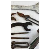 Collection of Vintage Hand Tools including Garden Scissors and Wrenches