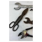 Collection of Vintage Hand Tools including Garden Scissors and Wrenches