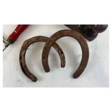 Collection of Vintage Hand Tools Including Wood Plane, Horseshoes, & Vintage Twilit Cast Iron Single Hole Paper Drill (Yellow level NOT Included!)