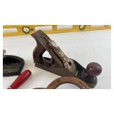 Collection of Vintage Hand Tools Including Wood Plane, Horseshoes, & Vintage Twilit Cast Iron Single Hole Paper Drill (Yellow level NOT Included!)