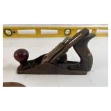 Collection of Vintage Hand Tools Including Wood Plane, Horseshoes, & Vintage Twilit Cast Iron Single Hole Paper Drill (Yellow level NOT Included!)