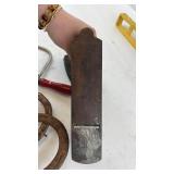 Collection of Vintage Hand Tools Including Wood Plane, Horseshoes, & Vintage Twilit Cast Iron Single Hole Paper Drill (Yellow level NOT Included!)