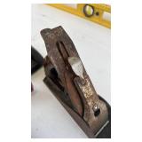 Collection of Vintage Hand Tools Including Wood Plane, Horseshoes, & Vintage Twilit Cast Iron Single Hole Paper Drill (Yellow level NOT Included!)