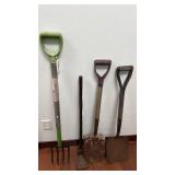 Set of 4 Vintage Yard Tools Including Shovels and Pickaxe