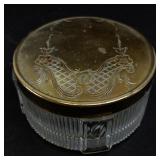 Vintage Glass Powder Jar with Brass Lid and Floral Design