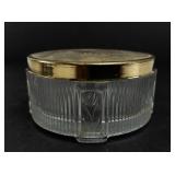 Vintage Glass Powder Jar with Brass Lid and Floral Design