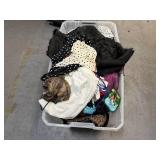 Bin of clothes, shoes, bags, accessories